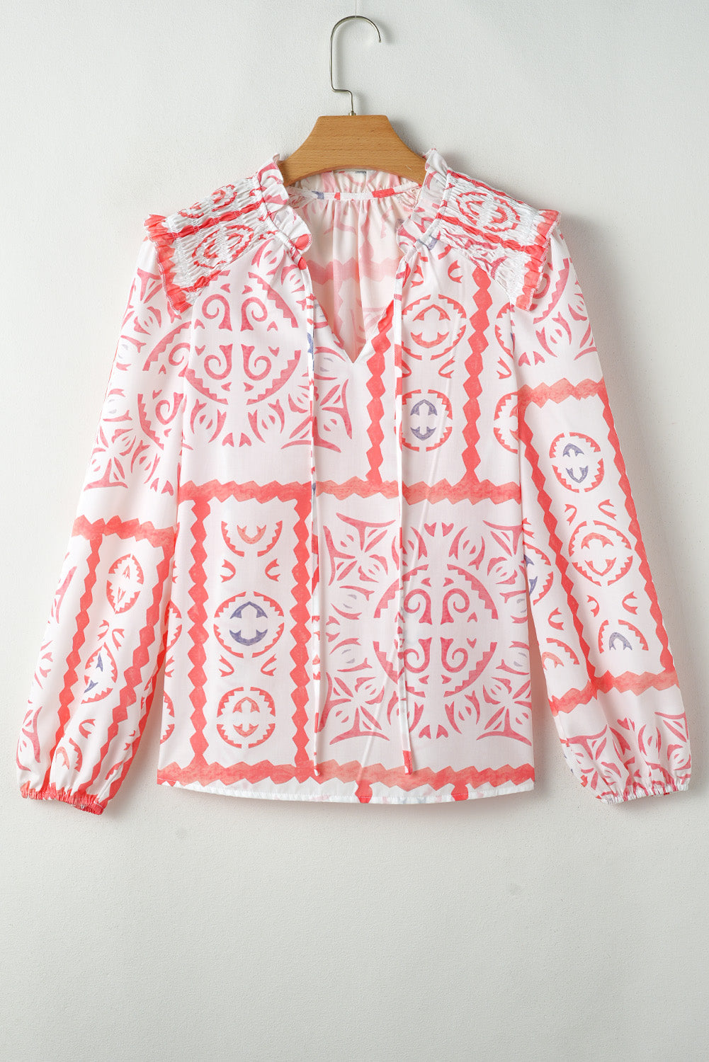 Desert Flower Vintage Print Smocked Poet Collar Billowy Blouson Sleeves Blouse Kittybear Krafts