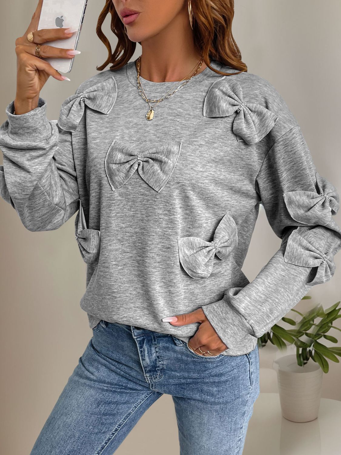 Perfee Bow Round Neck Long Sleeve Sweatshirt Trendsi