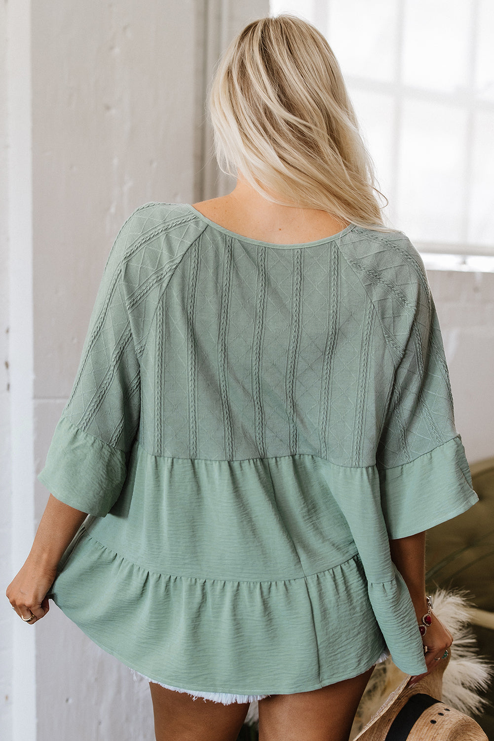 Laurel Green Tie Split Neck Textured Ruffle Patchwork Blouse Kittybear Krafts