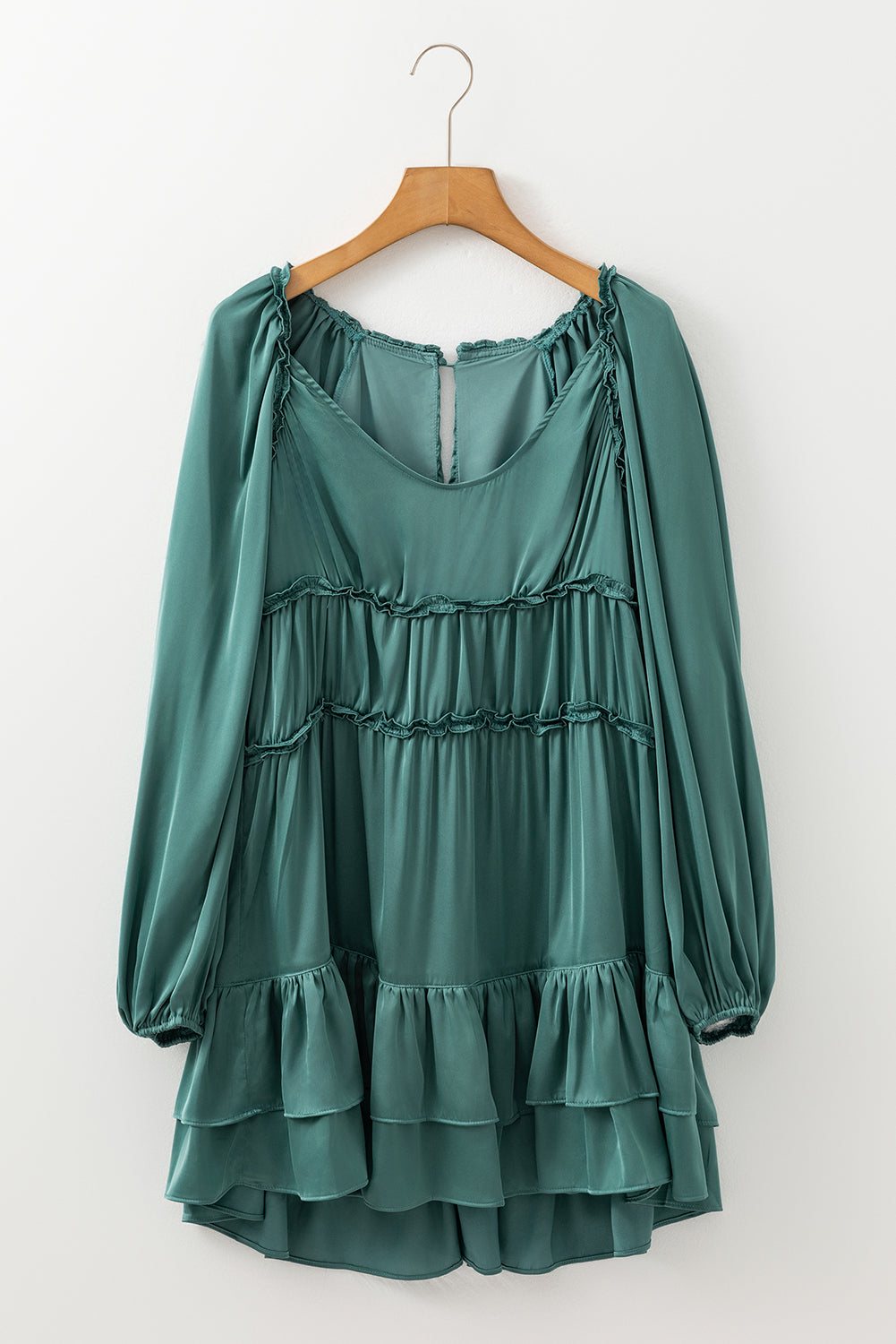 Mist Green Tiered Ruffled Puff Sleeve Loose Fit Mini Dress Kittybear Krafts