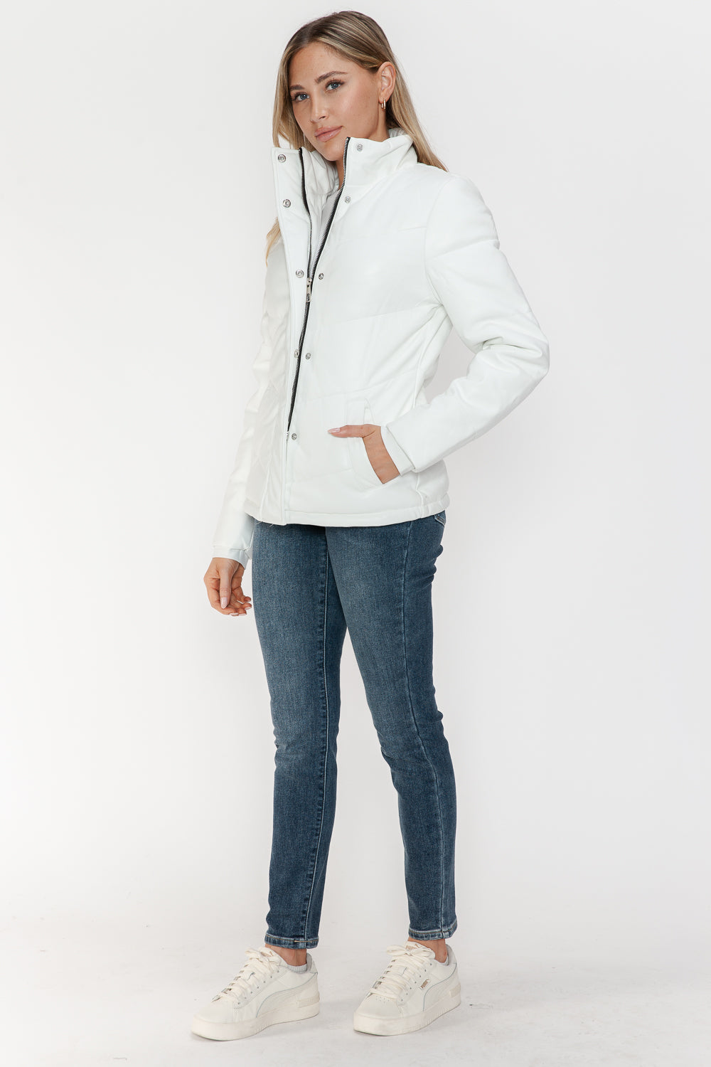 Snobbish Pocketed Zip Up White Turtleneck Puffer Jacket Trendsi