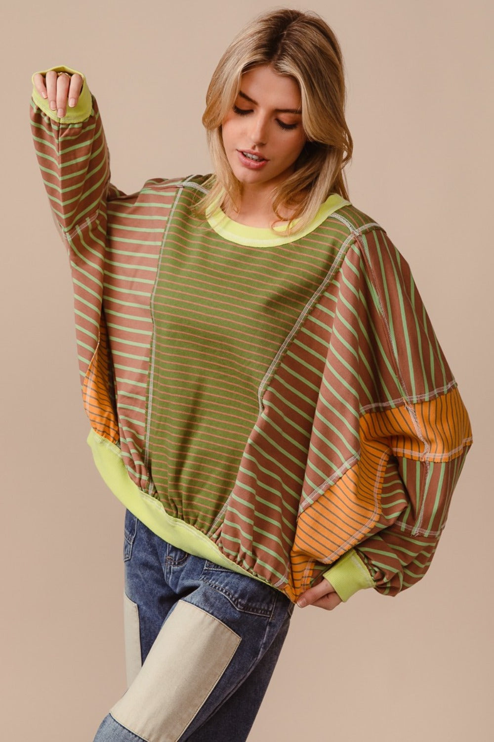 Color Block Striped Round Neck Sweatshirt - Kittybear Krafts