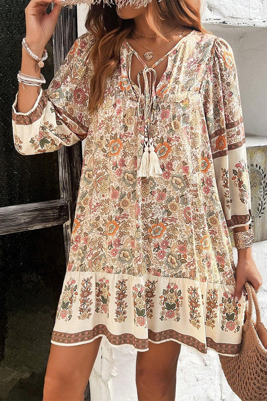 Apricot Floral Print Tassel Drawstring V Neck Loose Mini Dress Kittybear Krafts