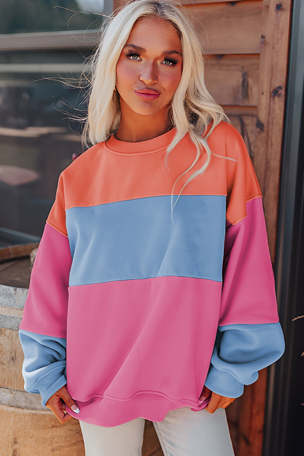 Bright Pink Colorblock Patchwork Drop Shoulder Sweatshirt Kittybear Krafts