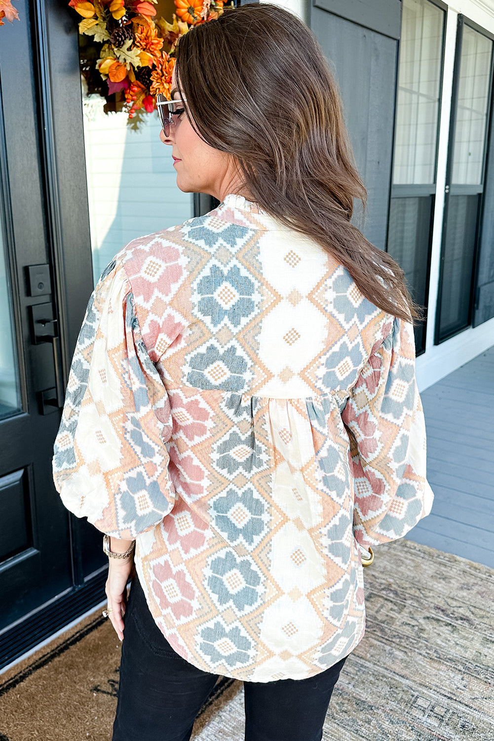 Khaki Geometric Print Tassel Tie Split Neck Balloon Sleeve Blouse Kittybear Krafts