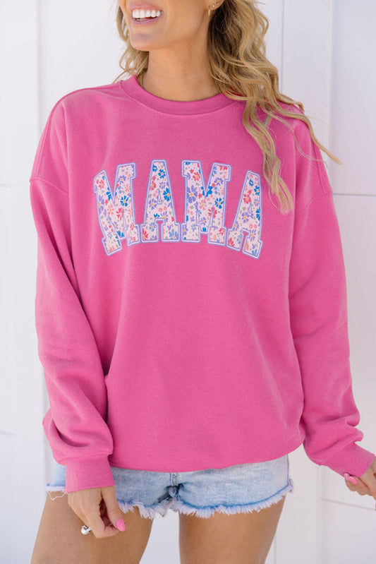 Rose Red Floral MAMA Embroidered Graphic Pullover Sweatshirt Kittybear Krafts
