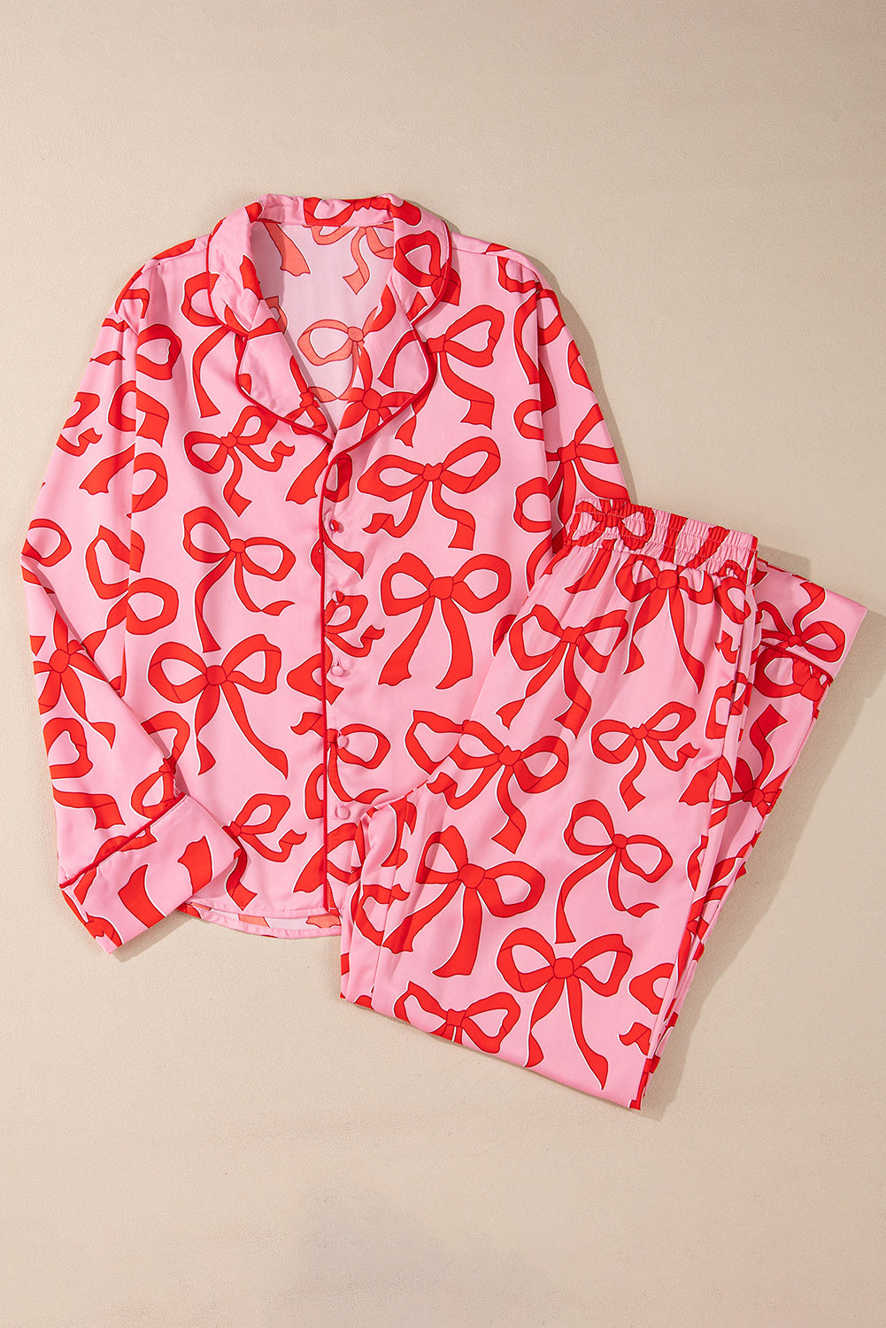 Pink 2pcs Bow Print Shirt Style Long Sleeve Pajama Set Kittybear Krafts
