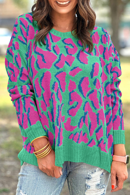Green Abstract Print Ribbed Trim Baggy Sweater Kittybear Krafts