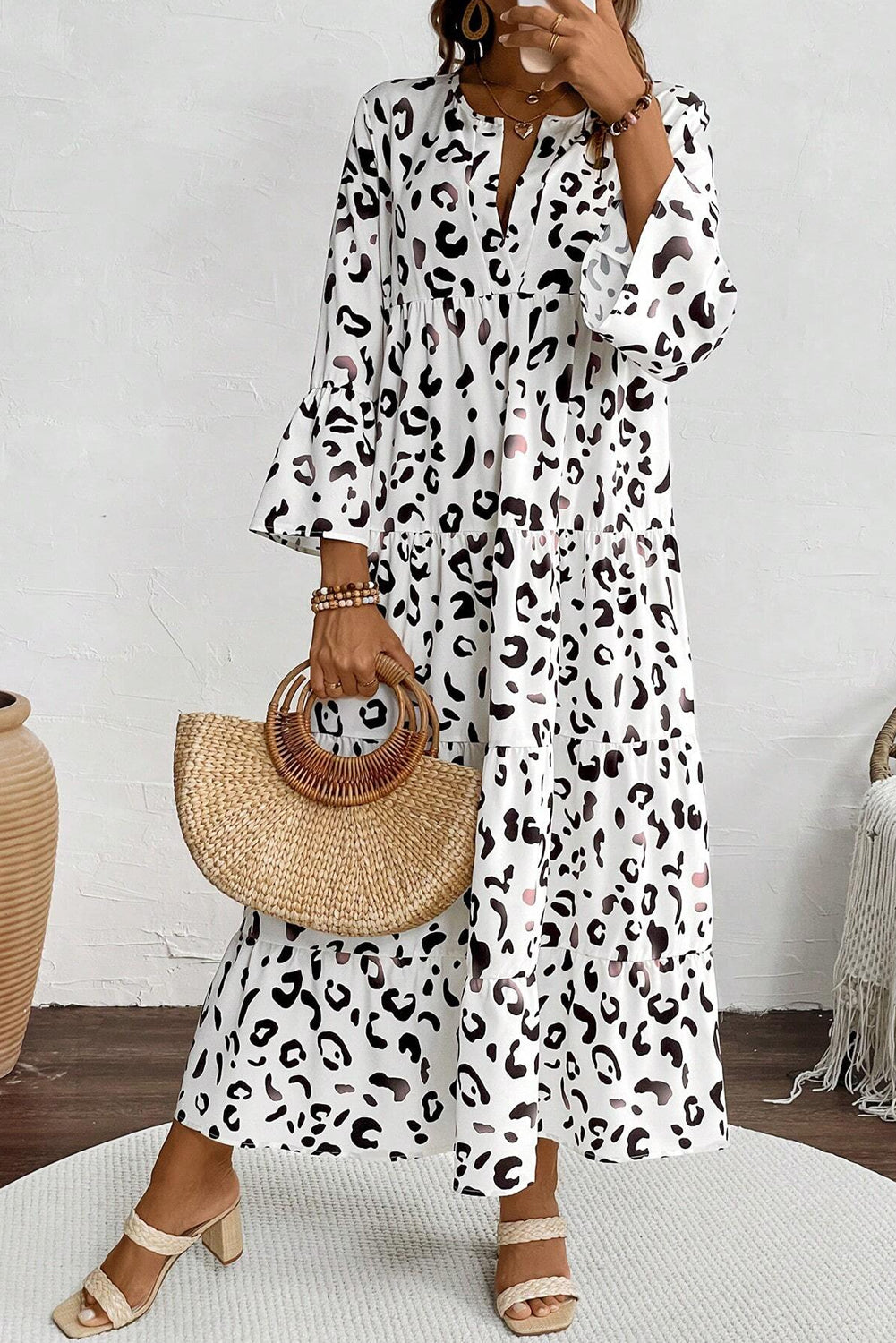 White Leopard Print Notch V Neck Loose Fit Maxi Dress Kittybear Krafts
