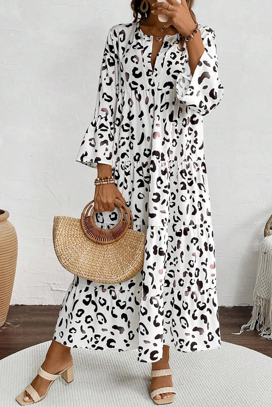 White Leopard Print Notch V Neck Loose Fit Maxi Dress Kittybear Krafts