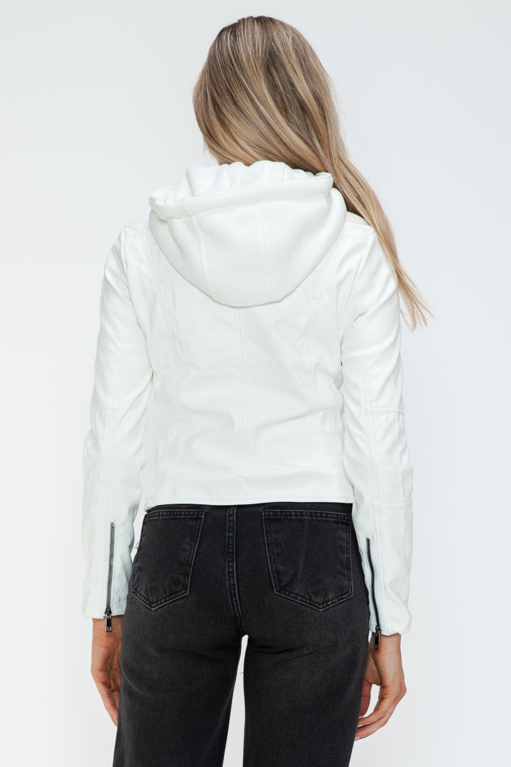 Snobbish Faux Leather Zip Up Drawstring Hooded Jacket Trendsi
