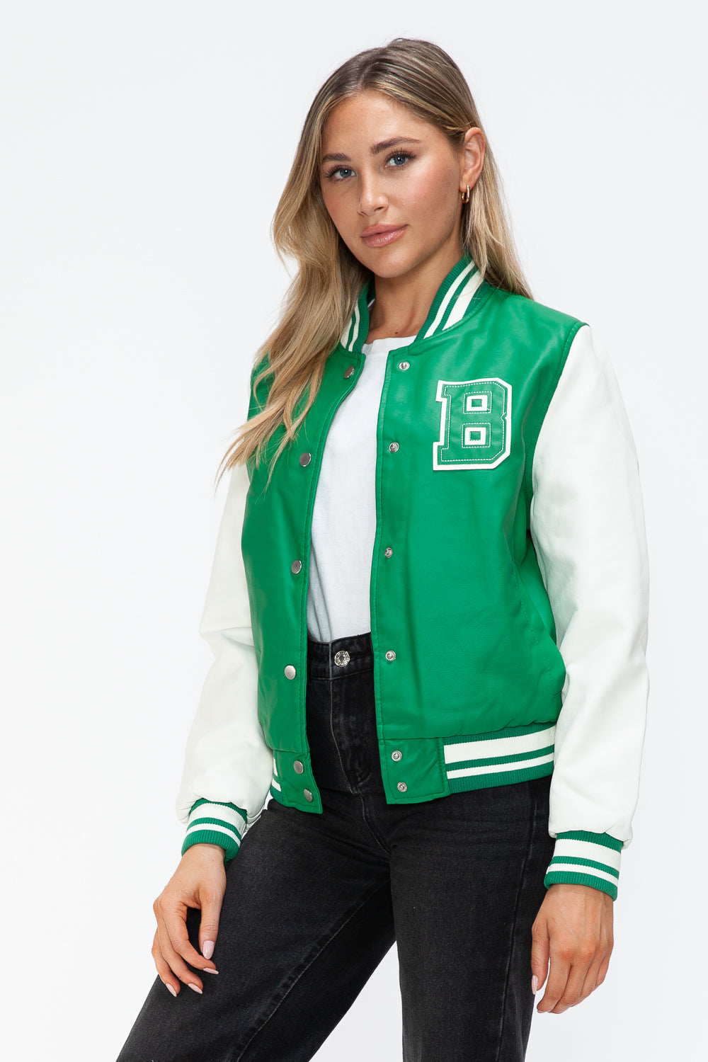 Love Me Now PU Leather Contrast Snap Down Bomber Jacket Trendsi