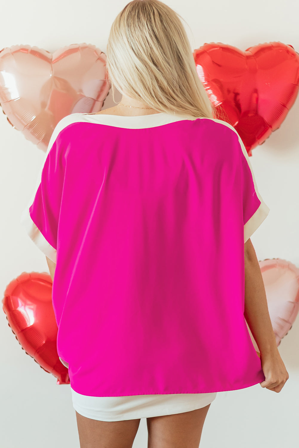 Rose Red Oversized Color Block Boat Neck Tunic Blouse Kittybear Krafts