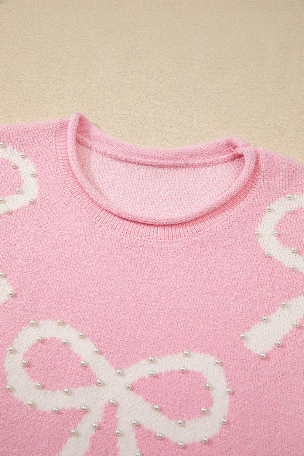Pearl Detail Pink Bow Round Neck Long Sleeve Sweater Trendsi