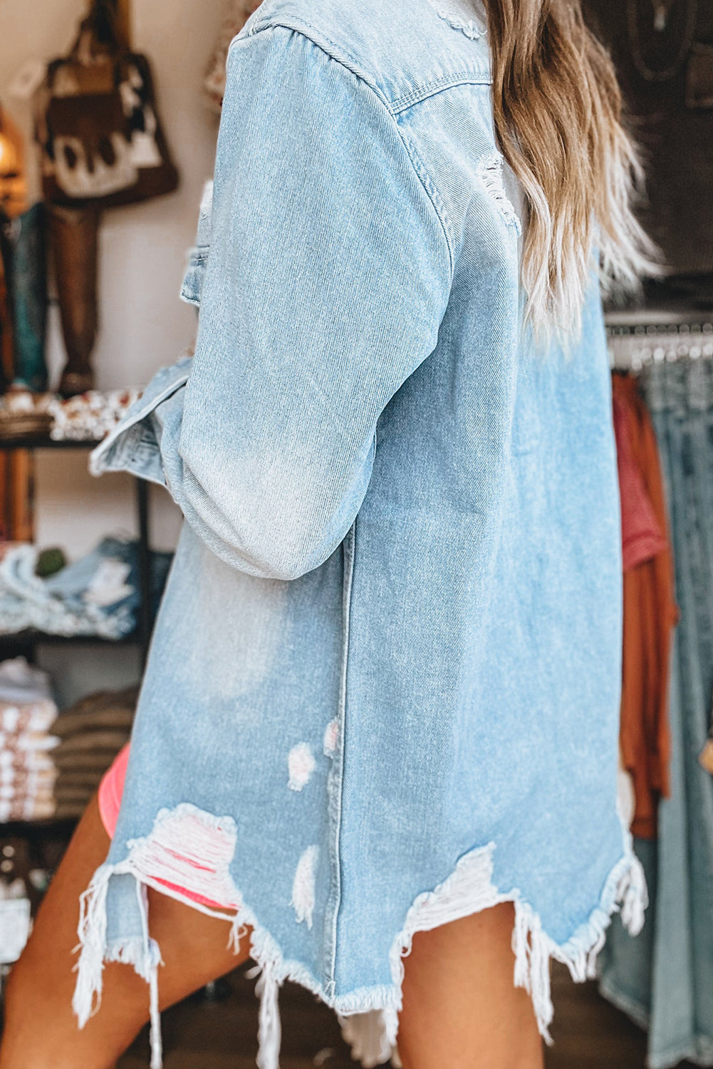Beau Blue Mineral Wash Distressed Frayed Long Denim Jacket Kittybear Krafts