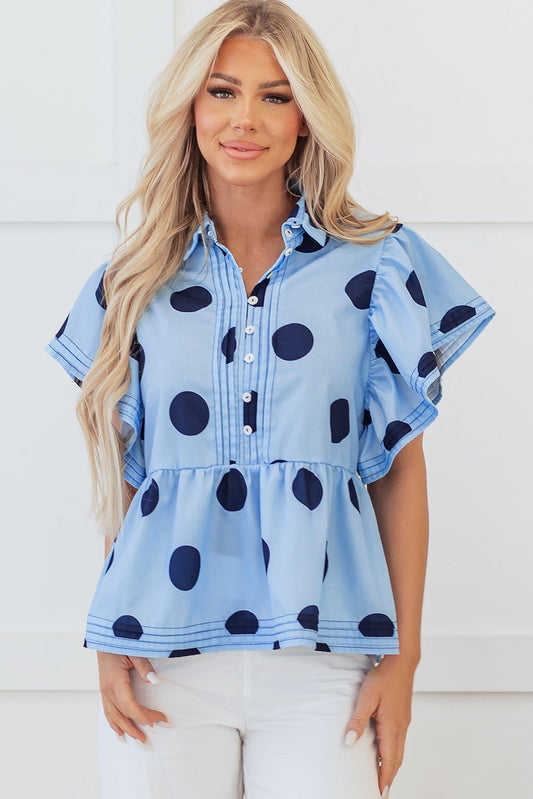 Sky Blue Polka Dot Print Ruffled Short Sleeve Buttoned Collared Blouse Kittybear Krafts