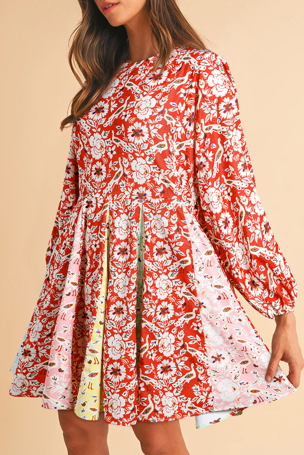 Red Colorful Floral Patchwork Long Sleeve Pleated Mini Dress Kittybear Krafts