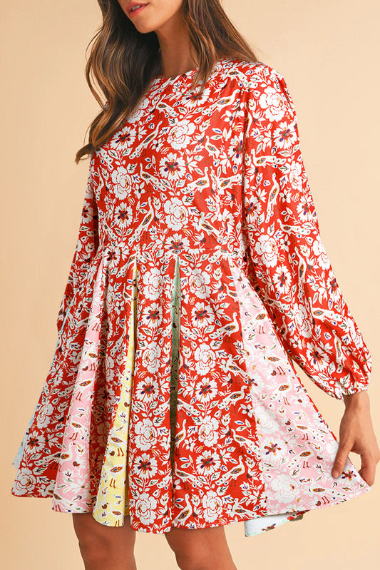 Red Colorful Floral Patchwork Long Sleeve Pleated Mini Dress Kittybear Krafts