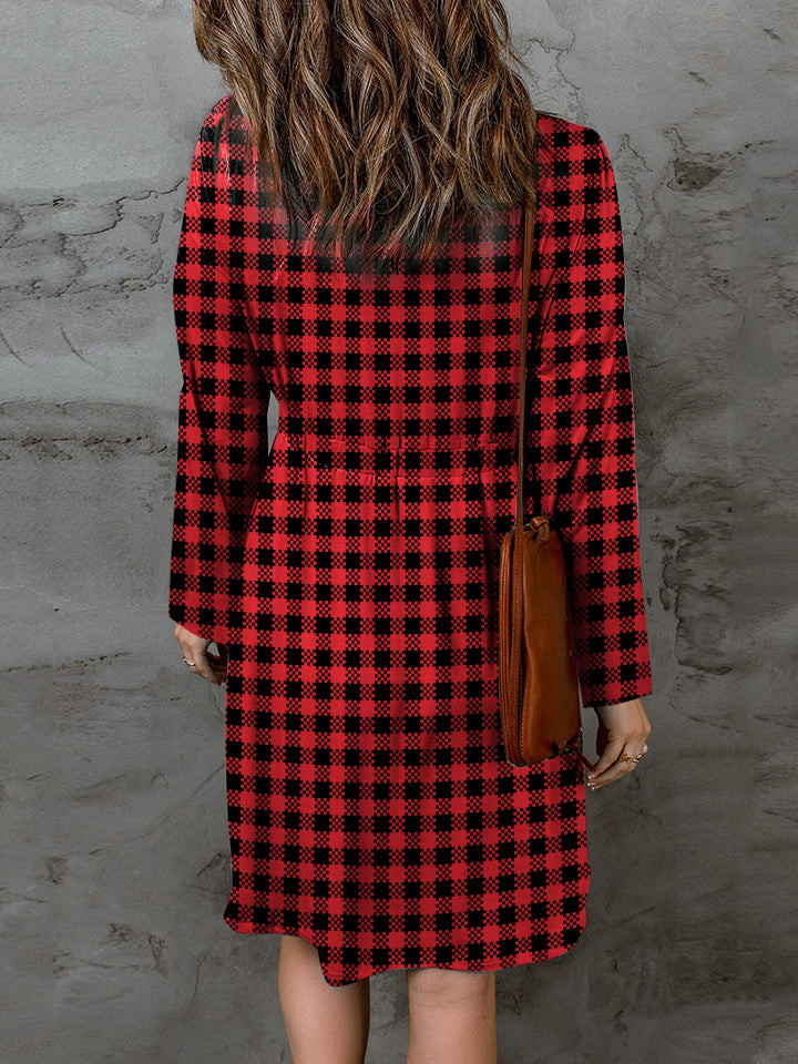 Red & Black Checkered Plaid Round Neck Long Sleeve Magic Christmas Holiday Mini  Dress Trendsi