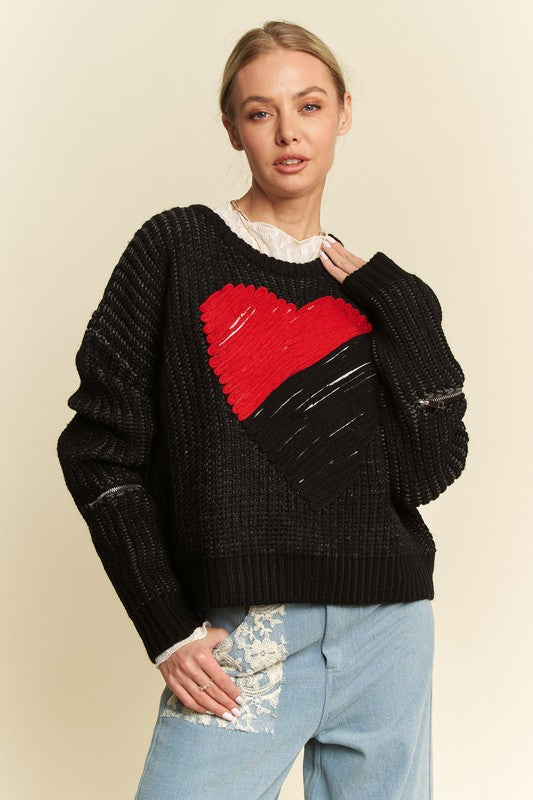 Davi & Dani Contrast Heart Dropped Shoulder Sweater Top Trendsi