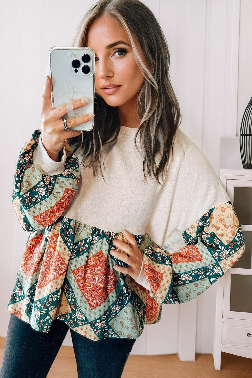 Jet Stream Paisley Geometric Patchwork Crew Neck Loose Fit Top Kittybear Krafts