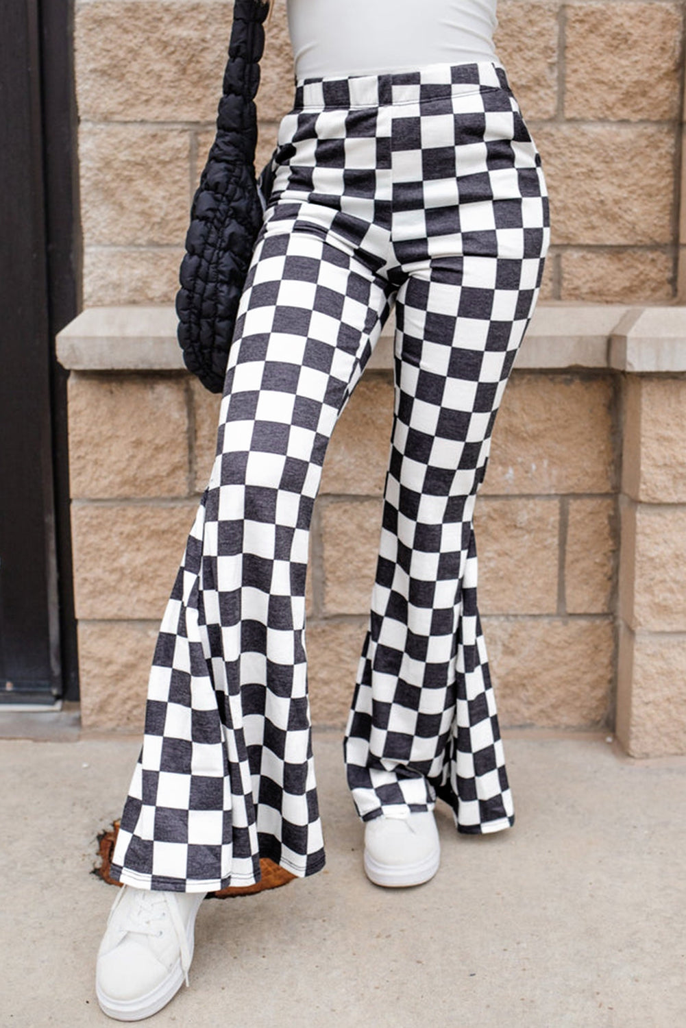 Black Checkerboard High Rise Casual Flared Pants Kittybear Krafts