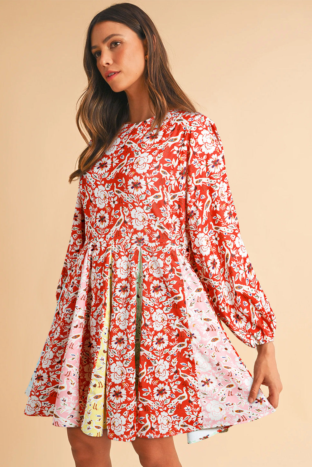 Red Colorful Floral Patchwork Long Sleeve Pleated Mini Dress Kittybear Krafts