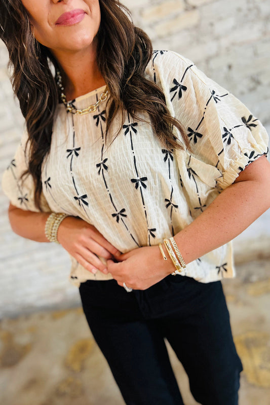 Beige Bow Print Puff Short Sleeve Top Kittybear Krafts