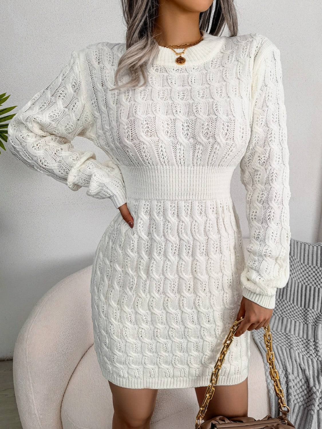 Cable-Knit Round Neck Mini Wrap Sweater Dress Trendsi