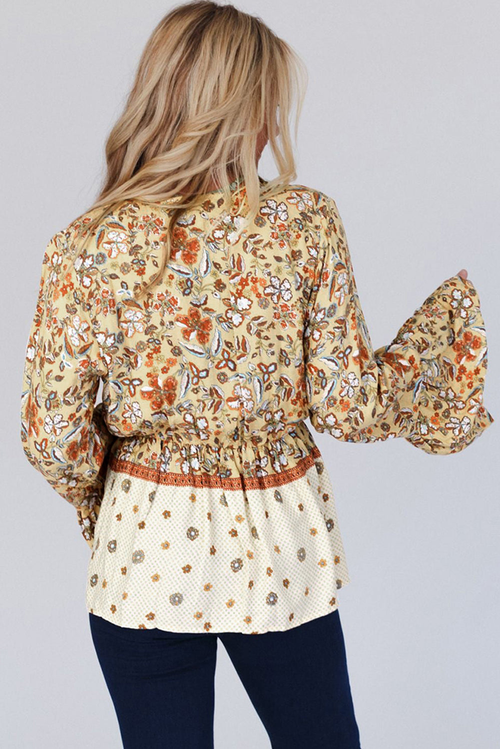 Yellow Printed Floral Bell Sleeve V Neck Wrapped Contrast Peplum Blouse Kittybear Krafts