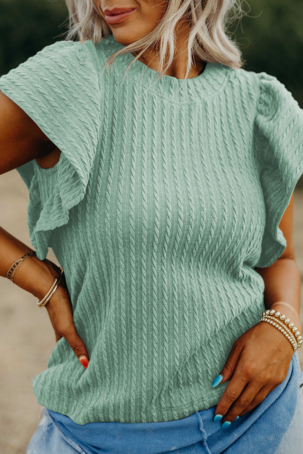 Moonlight Jade Solid Color Textured Flutter Sleeve Top Kittybear Krafts