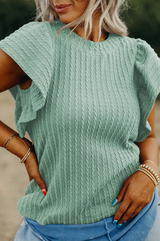 Moonlight Jade Solid Color Textured Flutter Sleeve Top Kittybear Krafts