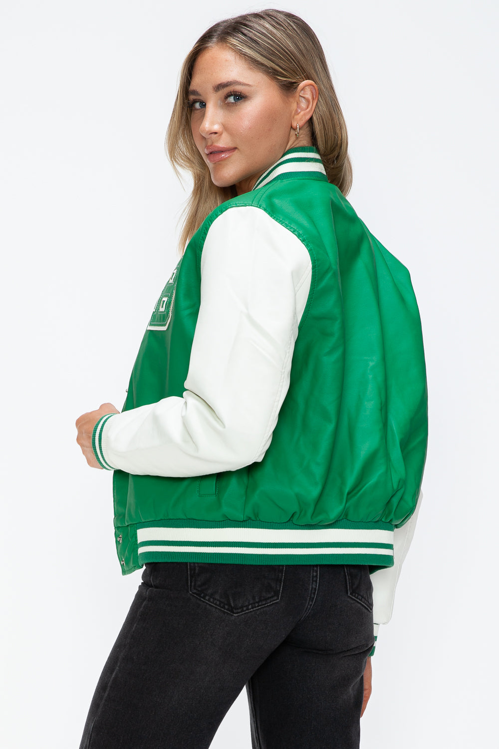 Love Me Now PU Leather Contrast Snap Down Bomber Jacket Trendsi