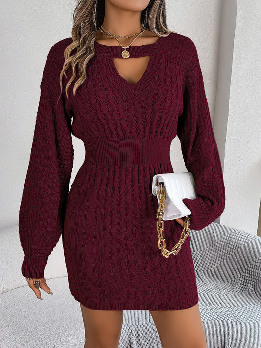 Cable-Knit Cutout Round Neck Slit Sweater Dress Trendsi