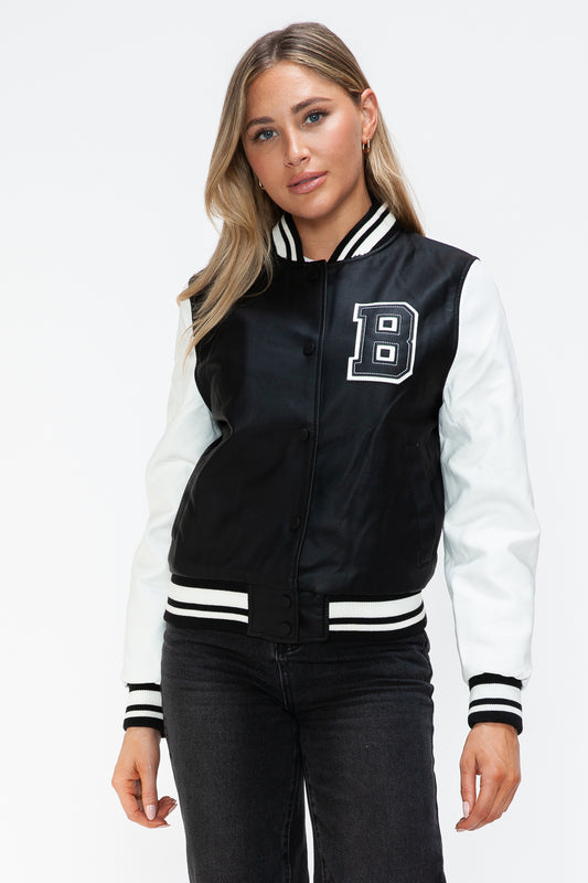 Love Me Now PU Leather Contrast Snap Down Bomber Jacket Trendsi