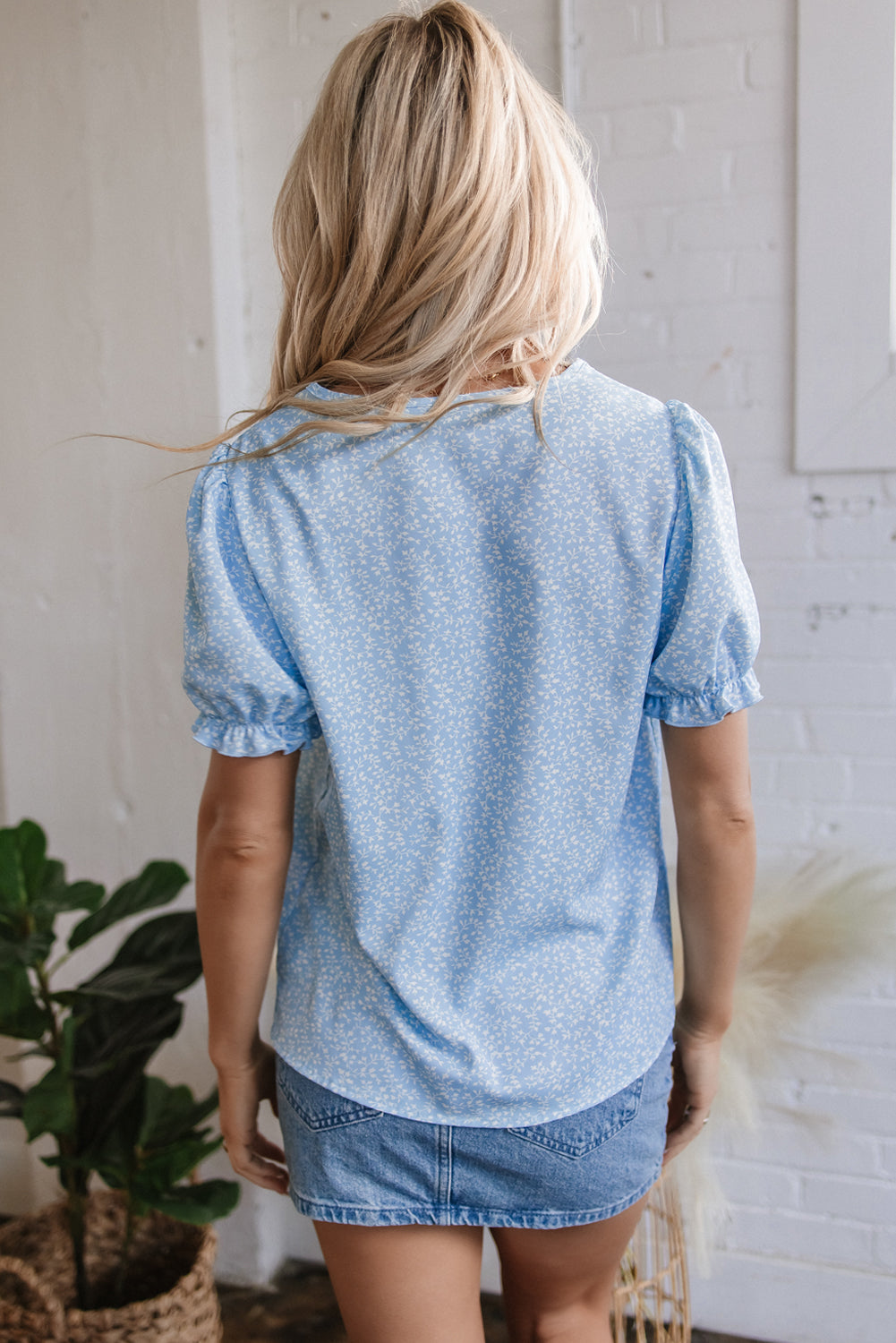 Sky Blue Floral Embroidered Puff Sleeve Notched V Neck Blouse Kittybear Krafts