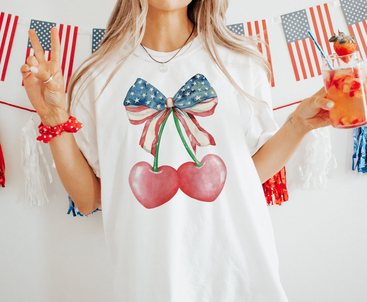 Cherry Heart USA Coquette Bow Patriotic Graphic Tee T-Shirt Gunpowder and Lace Boutique Nac