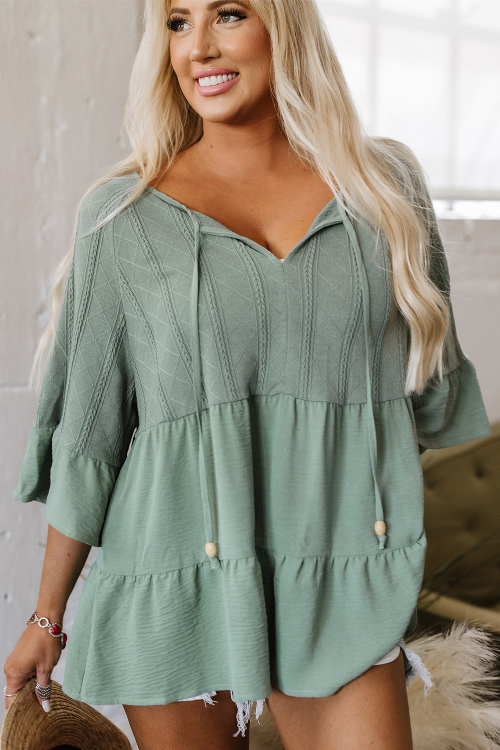 Laurel Green Tie Split Neck Textured Ruffle Patchwork Blouse Kittybear Krafts