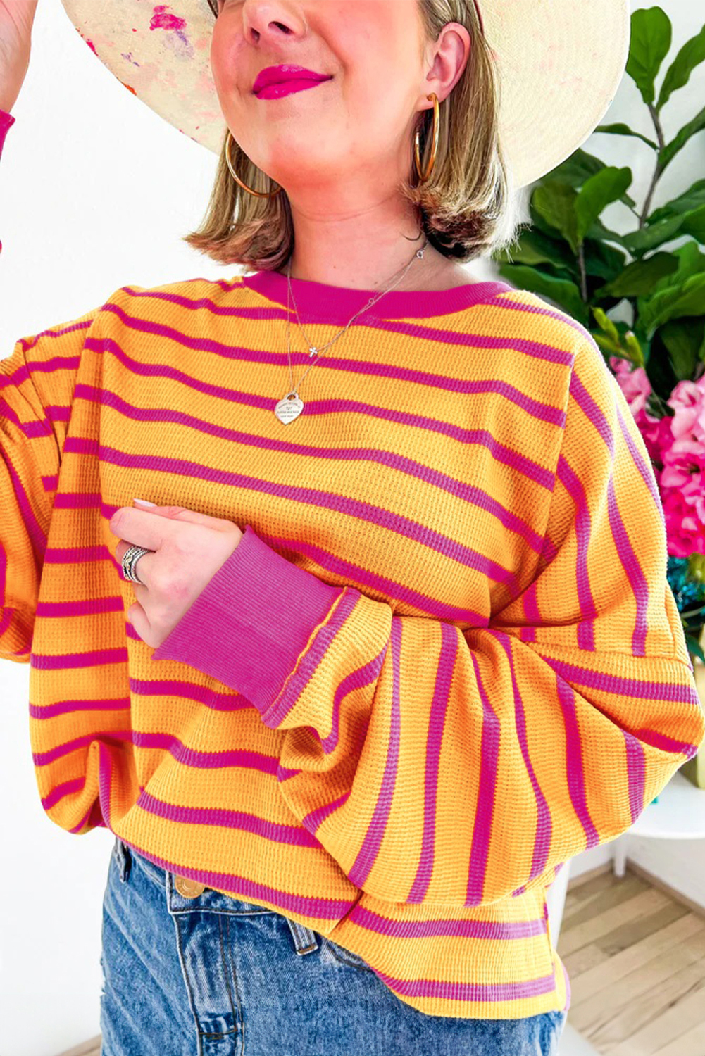 Orange Stripe Trimmed Round Neck Drop Shoulder Loose Sweater Kittybear Krafts