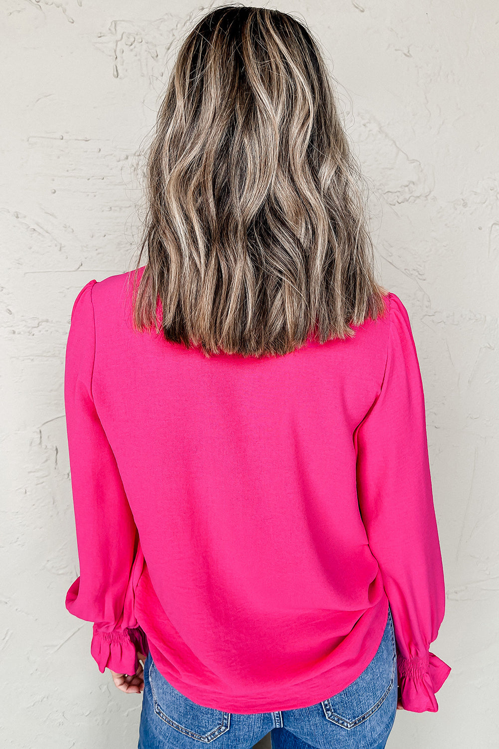 Rose Red Solid Color Shirred Cuff Notch V Neck Blouse Kittybear Krafts