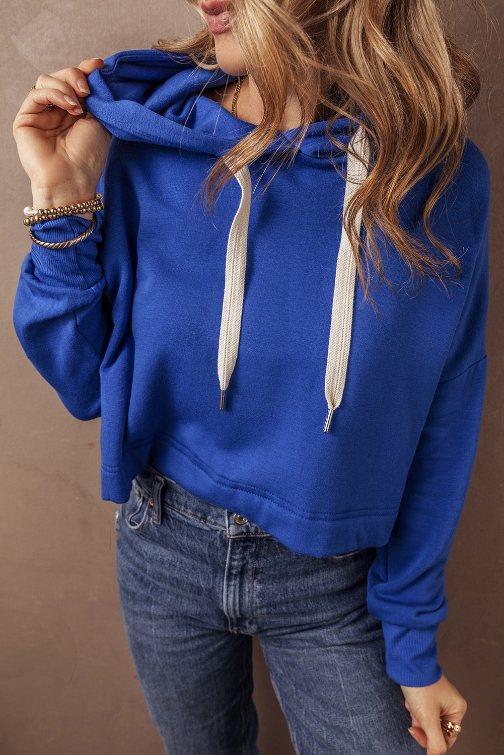 Dark Blue Solid Drop Shoulder Drawstring Cropped Hoodie Kittybear Krafts