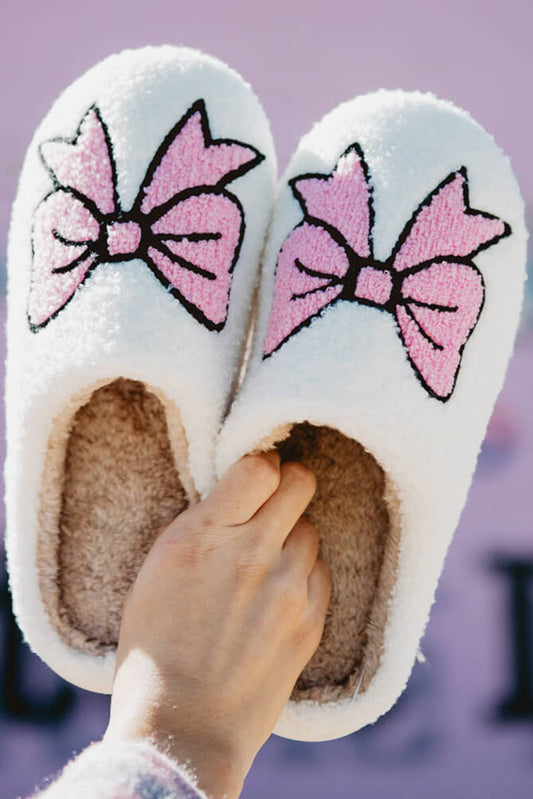 White Cute Bowknot Pattern Fuzzy Winter Home Slippers Kittybear Krafts