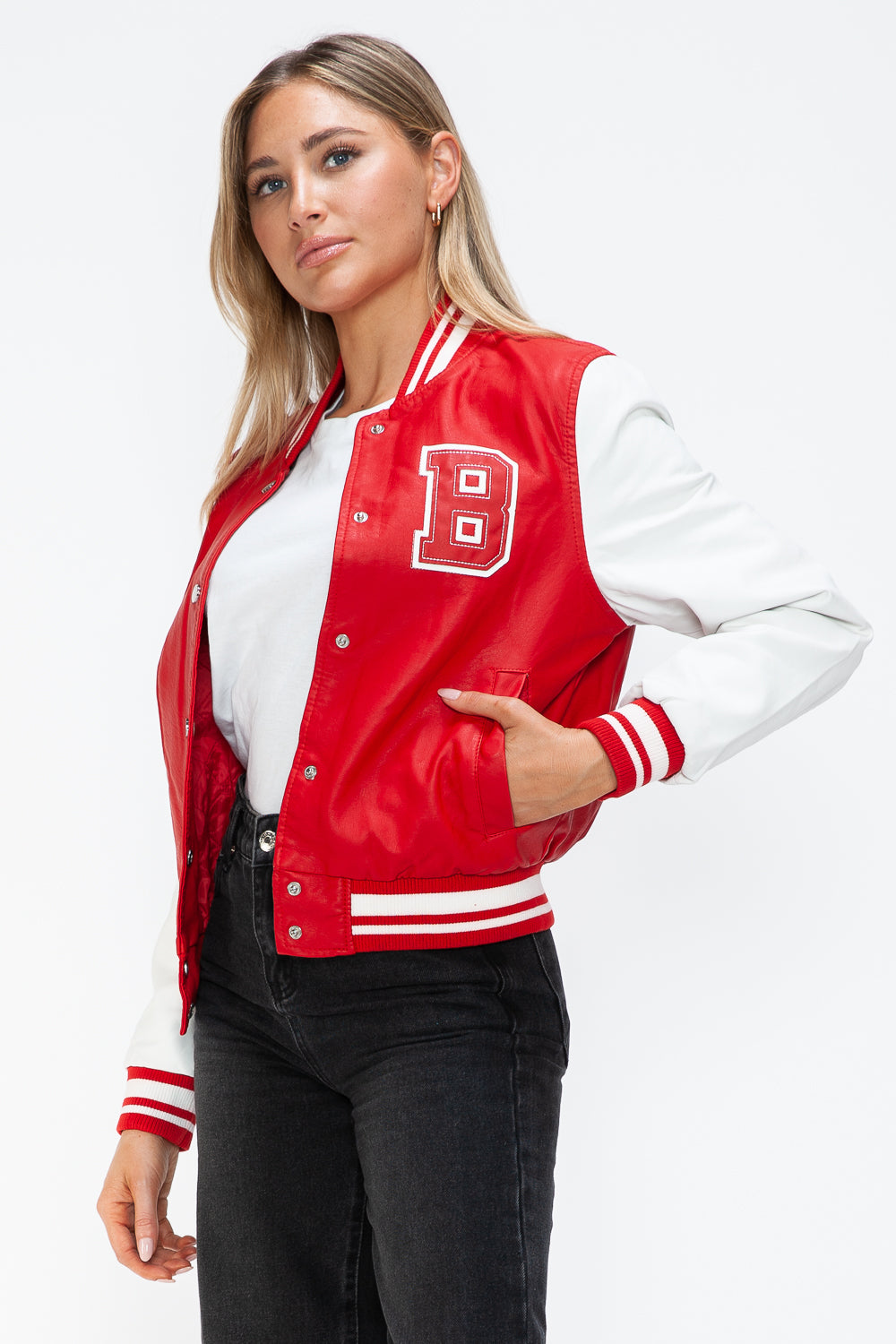 Love Me Now PU Leather Contrast Snap Down Bomber Jacket Trendsi