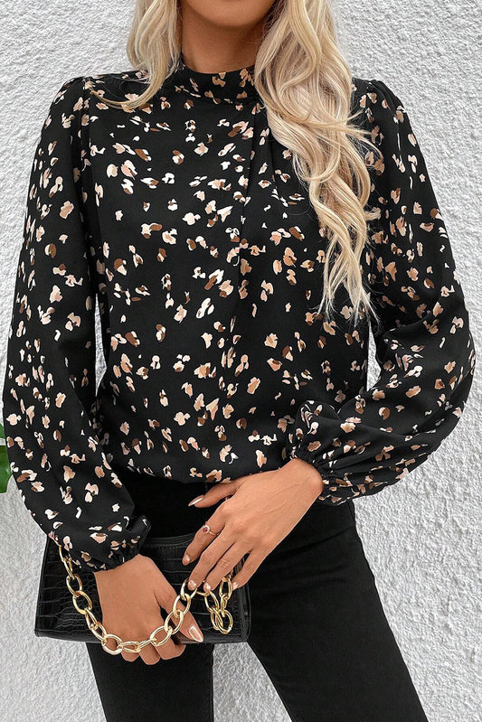 Black Leopard Print Lantern Sleeve Mock Neck Pleated Blouse Kittybear Krafts