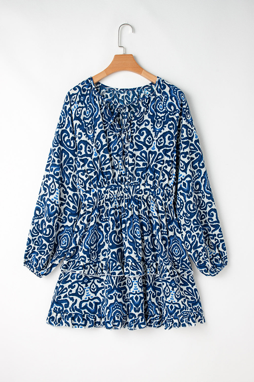 Blue Vintage Print Lace up V Neck Long Sleeve Mini Dress Kittybear Krafts
