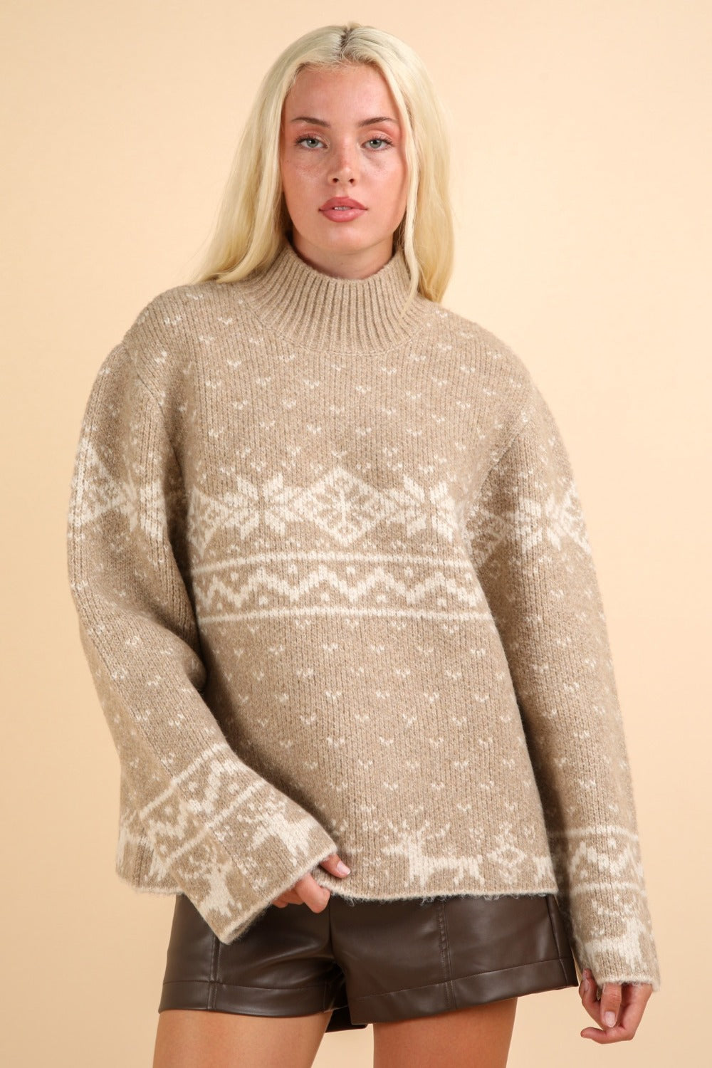 Christmas Element Mock Neck Long Sleeve Sweater Trendsi