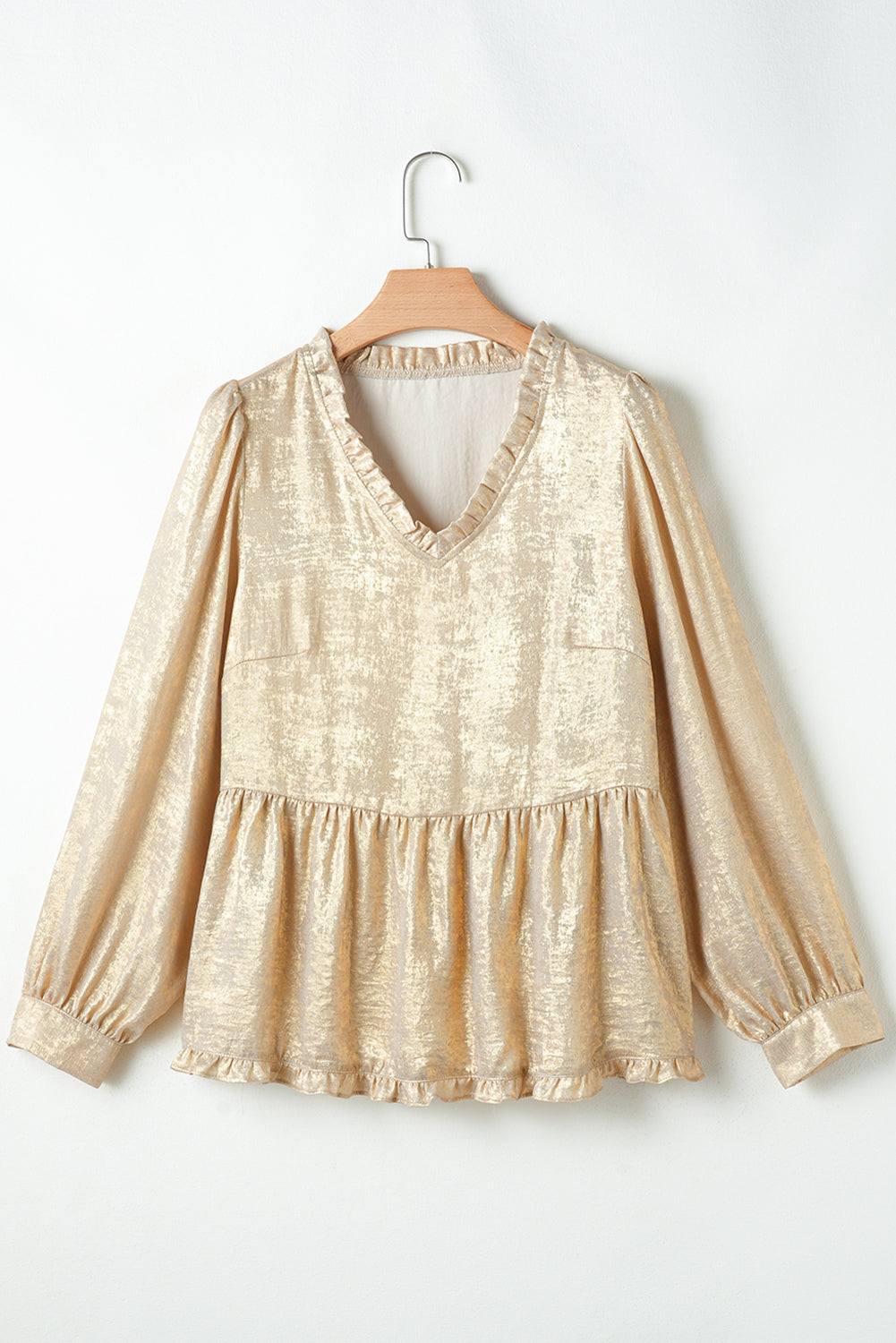 Gold Metallic Frilled V Neck Puff Sleeve Babydoll Blouse Kittybear Krafts