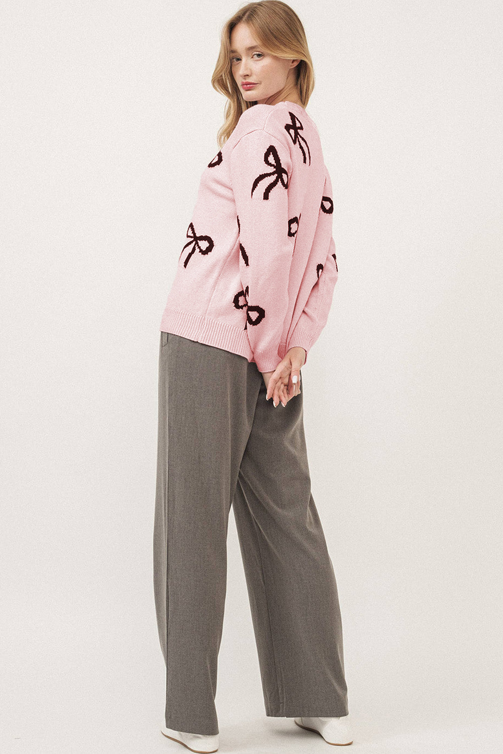 Light Pink Bow Pattern Knitted Loose Fit Sweater Kittybear Krafts