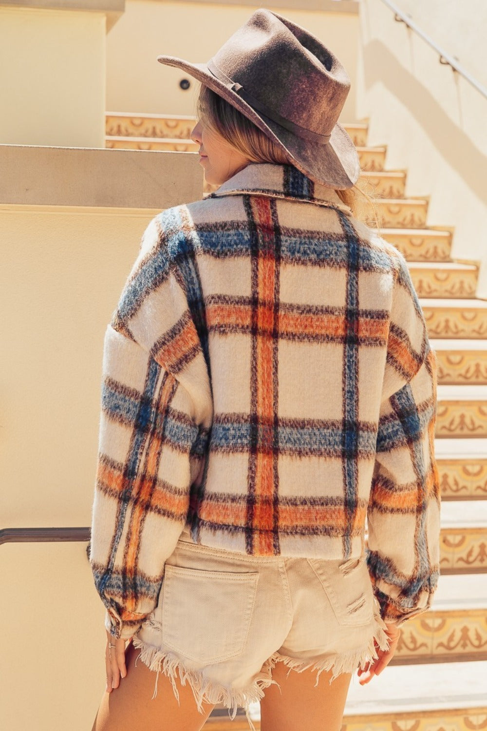BiBi Brushed Plaid Crop Jacket with Pockets - Kittybear Krafts