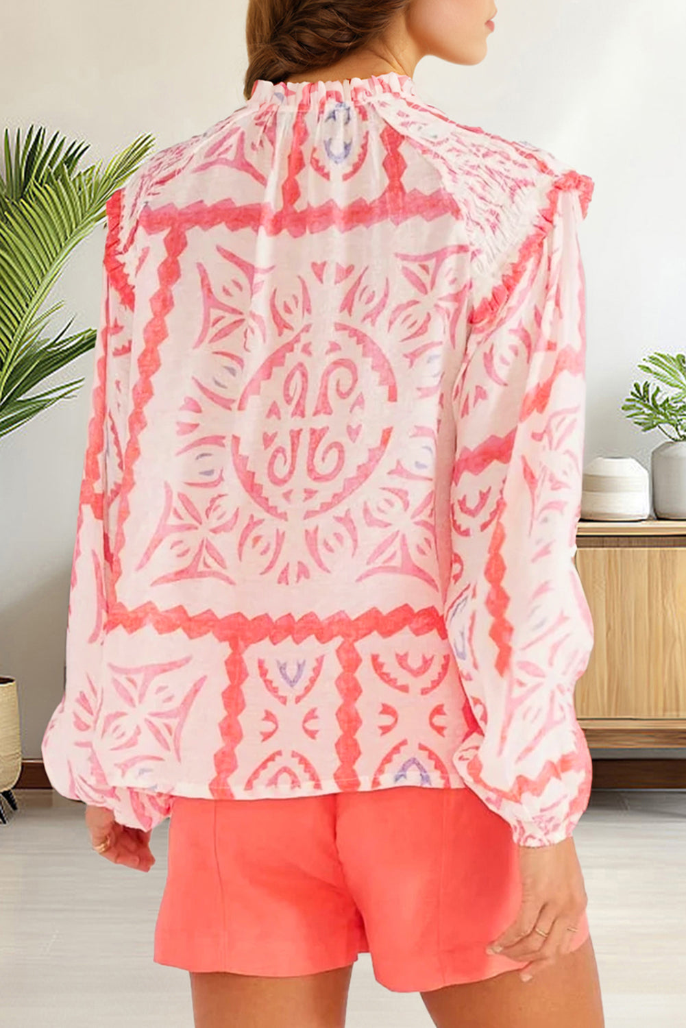 Desert Flower Vintage Print Smocked Poet Collar Billowy Blouson Sleeves Blouse Kittybear Krafts